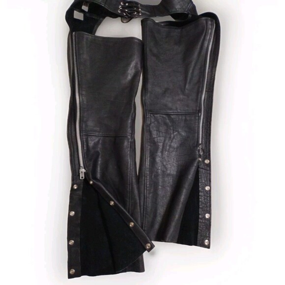 Vintage MOB Black Leather Biker Chaps Medium Unisex Y2K Punk Festival Edgy Rider - Picture 9 of 16